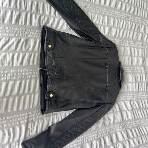 Cole Haan black lambskin leather moto jacket with gold-toned hardware - Picture 6 of 15